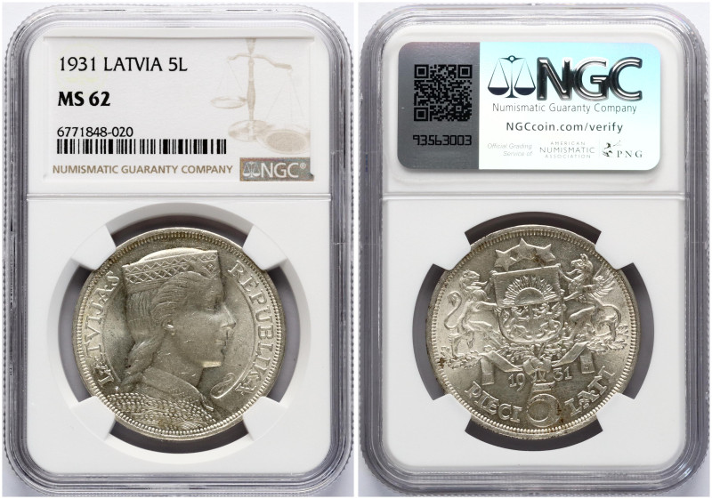 Latvia. 5 Lati 1931. Silver. KM 9. NGC MS 62.