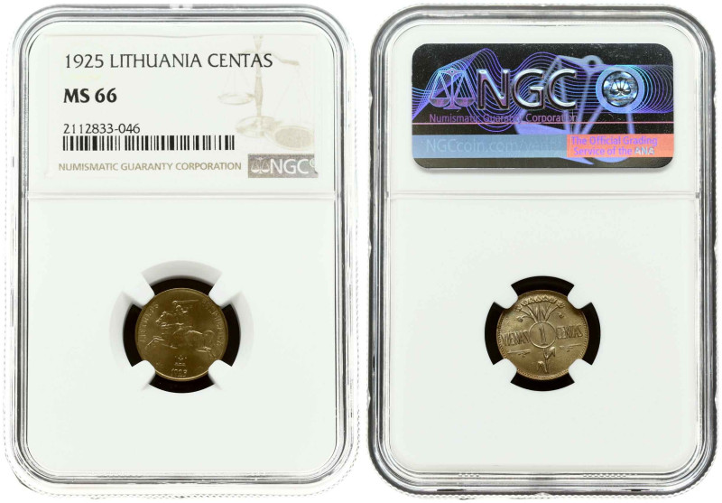 Lithuania. 1 centas 1925. Aluminum-Bronze. KM 71. NGC MS 66