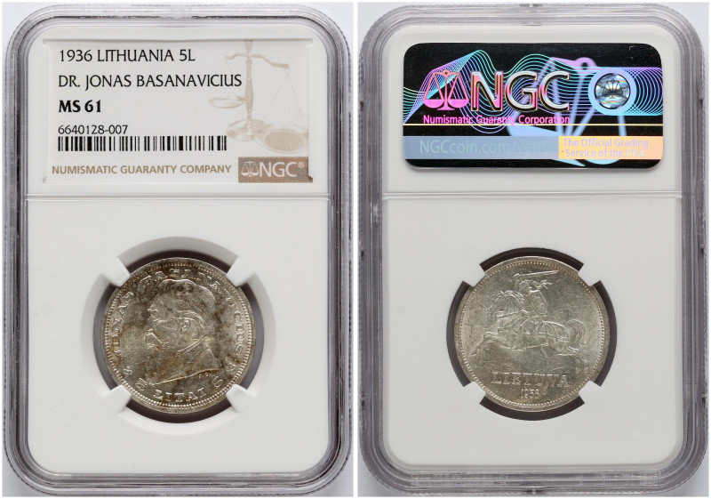 Lithuania. 5 Litai 1936 Basanavicius. Silver. KM 82. NGC MS 61.