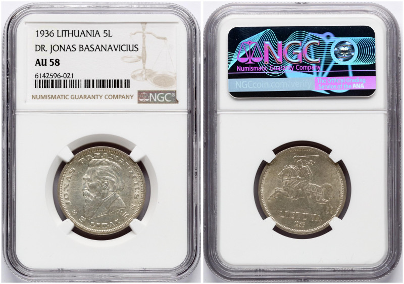 Lithuania. 5 Litai 1936 Jonas Basanavicius. Silver. KM 82. NGC AU 58.