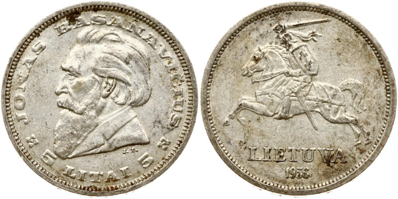 Lithuania. 5 Litai 1936 Jonas Basanavičius. Silver 8.88 g. KM 82.