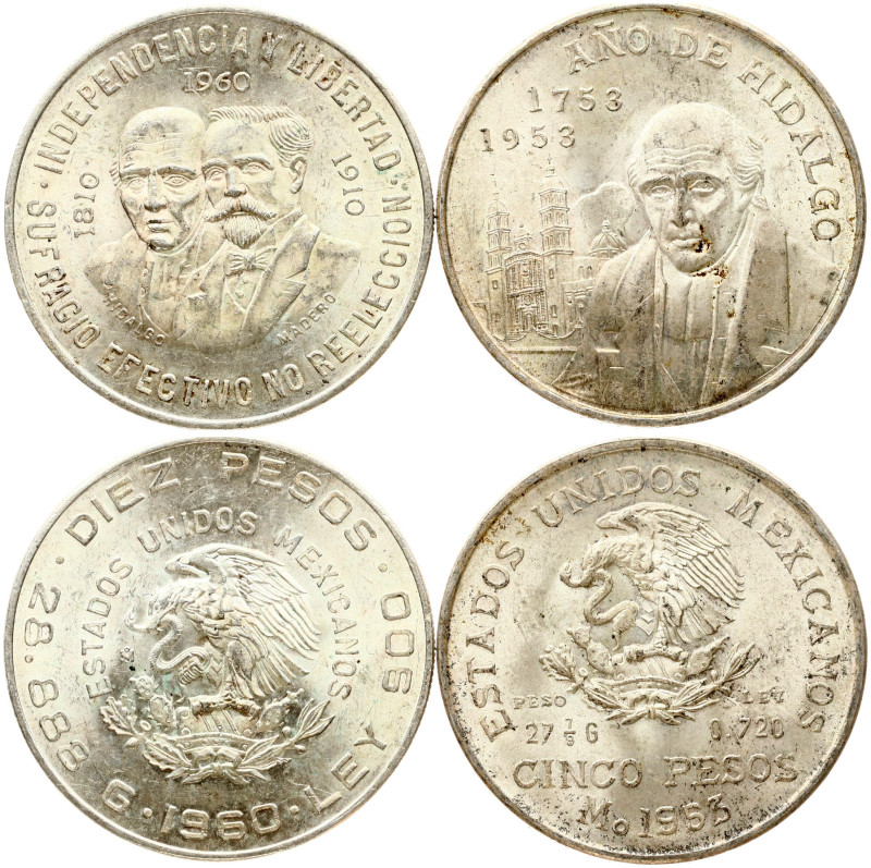 Mexico. 5 Pesos 1953 & 10 Pesos 1960. Silver .720 & .900, total weight 56.48 g. ...