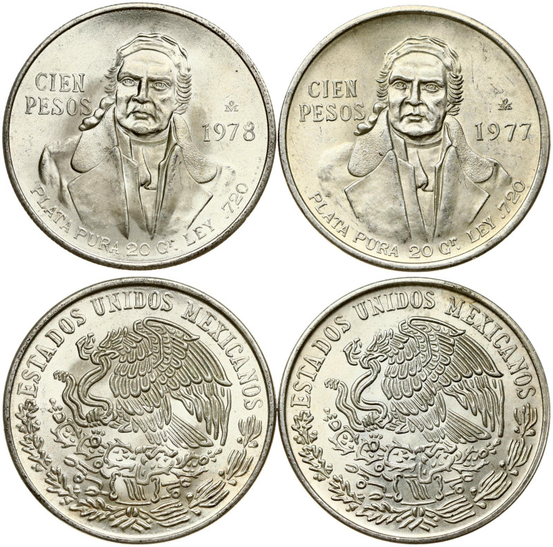 Mexico. 100 Pesos 1977 & 1978 Morelos. Silver .720, total weight 55.50 g. KM-483...