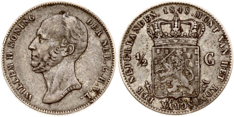 Netherlands. William II (1840-1849). 1/2 Gulden 1848. Silver 4.92 g. KM 73. Pati...