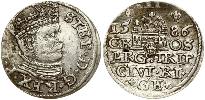 Poland. Stefan Batory (1576–1586). Trojak 1586 Riga. Silver 2.40g. Iger R.86