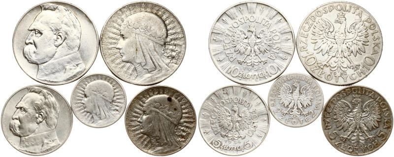 Poland. 2 - 10 Zlotych 1932-1935. Silver .750, 70.22 g. Lot of 5 Coins.