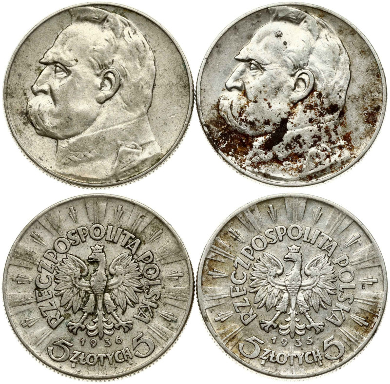 Poland. 5 Zlotych 1935, 1936 Pilsudski. Silver 10.98, 10.99 g. Parchim. 118b, c....