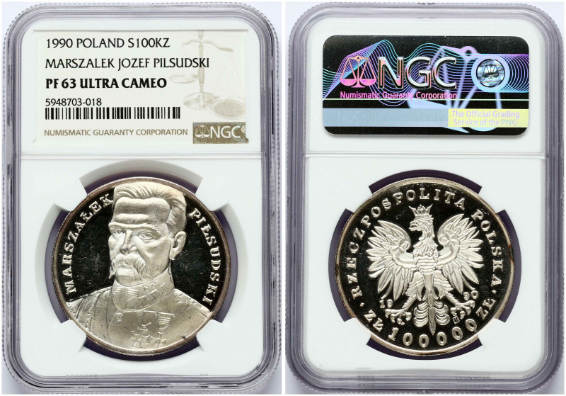 Poland. 100 000 Zlotych 1990 Jozef Pilsudski. Silver. Parchimowicz 624; KM 201. ...
