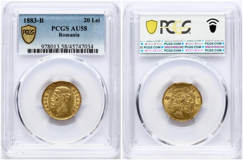 Romania. Carol I (1881-1914). 20 Lei 1883 B. Gold. KM-20. PCGS AU 58