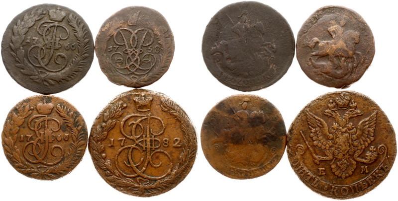 Russia. 2 & 5 Kopecks 1758-1782. Copper, total weight, 97.72 g. Lot of 4 coins.