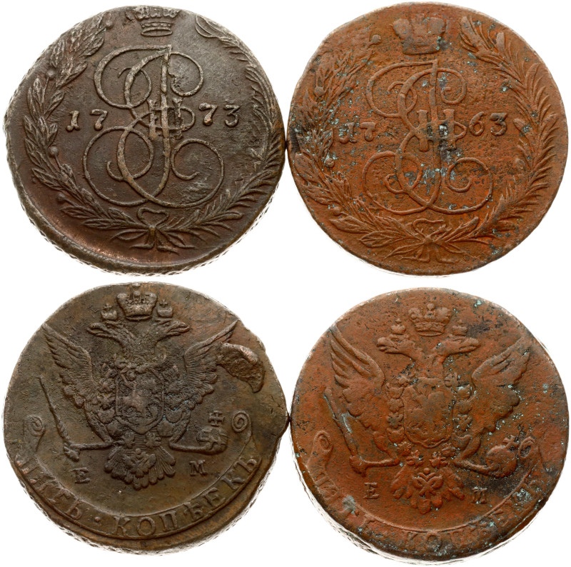 Russia. Catherine II (1762-1796). 5 Kopecks 1763 ЕМ & 1773 EM. Copper, total wei...