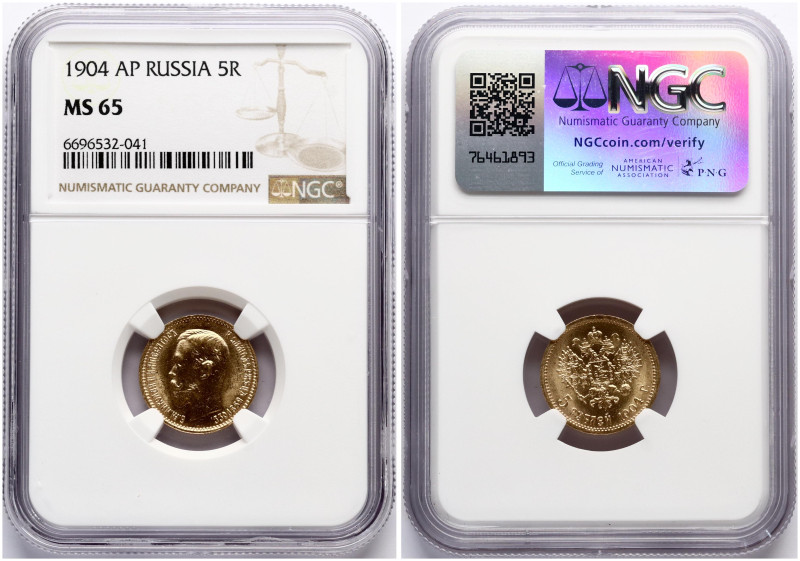 Russia. Nicholas II (1894-1917). 5 Roubles 1904 АР, St. Petersburg. Gold. Bitkin...