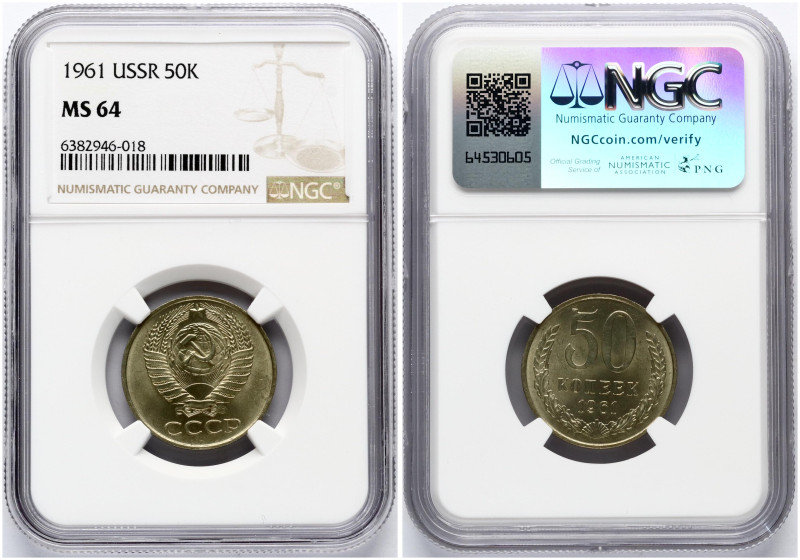 Russia, USSR. 50 Kopecks 1961. Nickel brass. Y 133a.1. NGC MS 64.