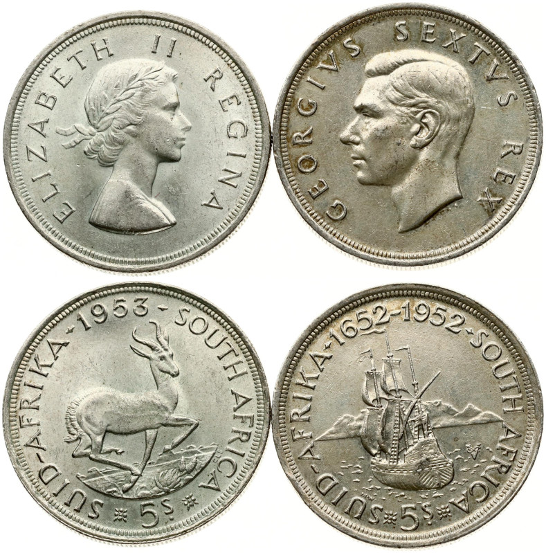 South Africa. 5 Shillings 1952 & 1953. Silver .500, total weight 56.34 g. KM 41,...