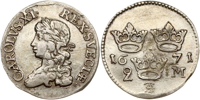 Sweden. Charles XI (1660-1697). 2 Mark 1671. Silver 10.00 g. KM 242. Repaired.