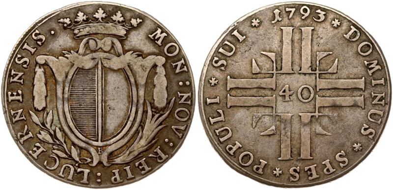 Switzerland, Lucerne. 40 Kreuzer 1793. Silver 7.45 g. KM 84. Repaired edge.