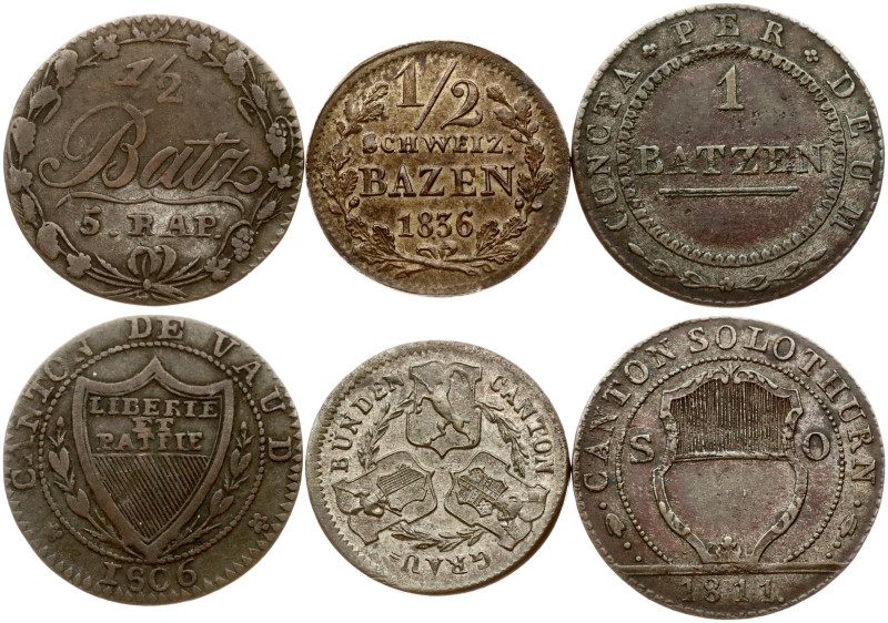 Switzerland, Vaud. 1/2 Batzen / 5 Rappen 1806 & Solothurn. 1 Batzen 1811 & Graub...