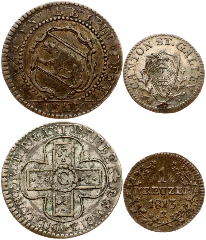 Switzerland, St. Gallen. 1 Kreuzer 1813 K & Bern. 1 Batzen 1826. Billon, total w...