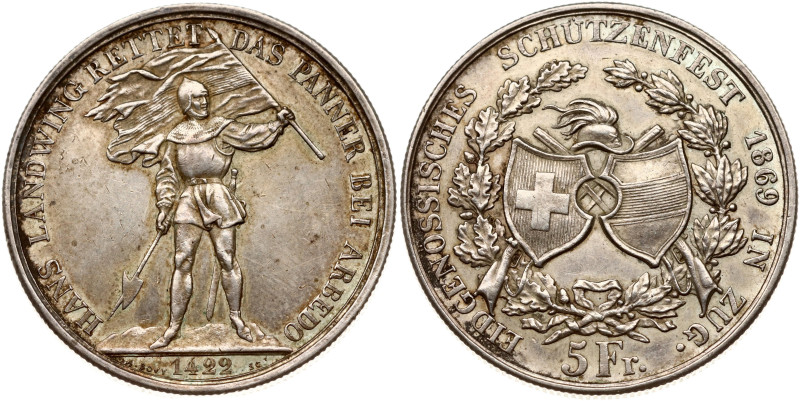 Switzerland. 5 Francs 1869, Zug Shooting Festival. Silver 24.95 g. Dav 384, X S1...