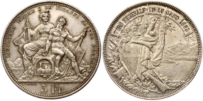 Switzerland. 5 Francs 1883, Lugano Shooting Festival. Silver 24.94 g. Dav 390, X...