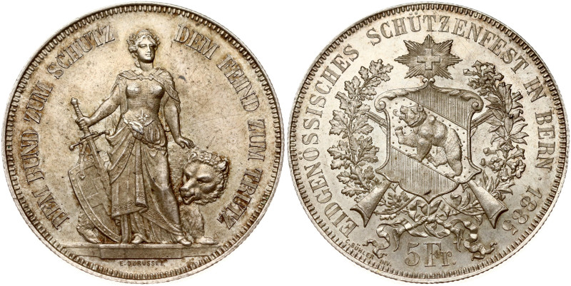 Switzerland. 5 Francs 1885, Bern Shooting Festival. Silver 24.94 g. Dav 391, X S...