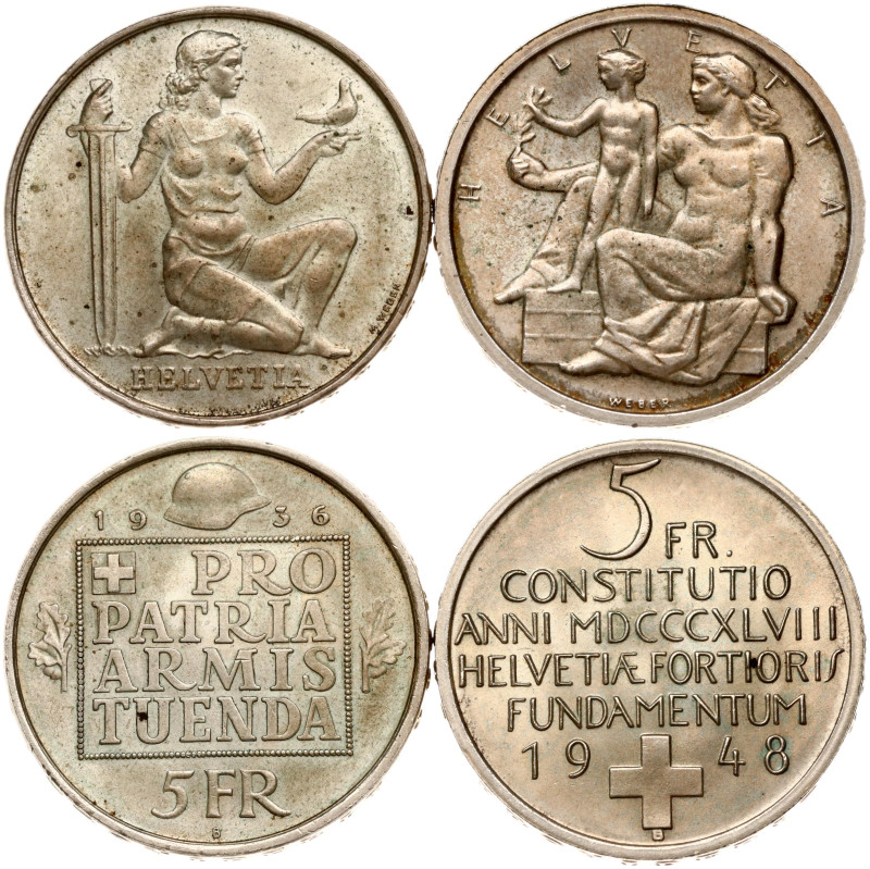 Switzerland. 5 Francs 1936 B & 5 Francs 1948 B, War bond. 100th Anniversary of t...