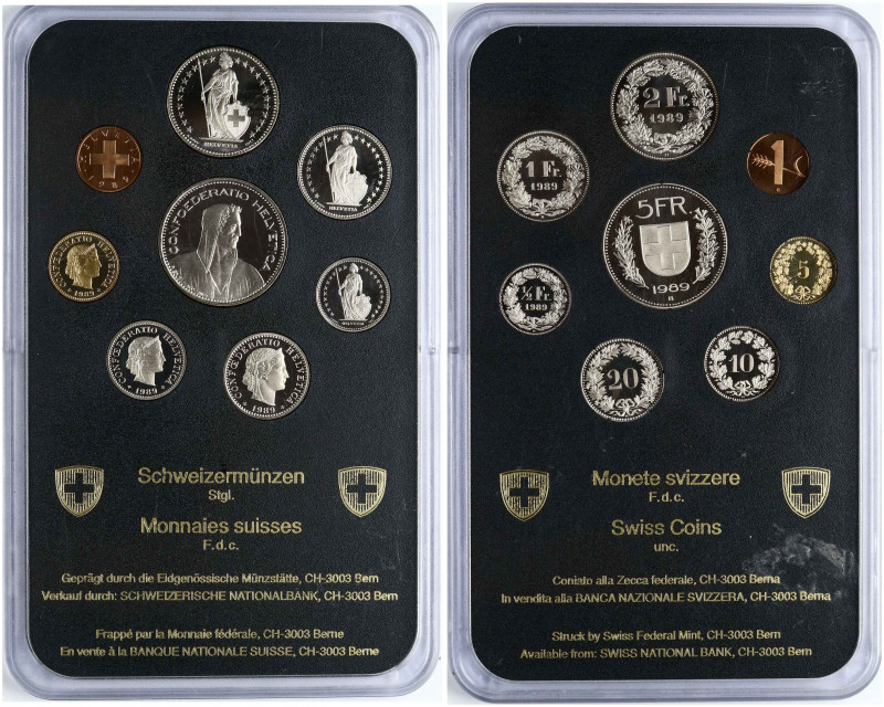 Switzerland. 1 Rappen - 5 Francs 1989 Set. Bronze. Copper-nickel. In original pl...