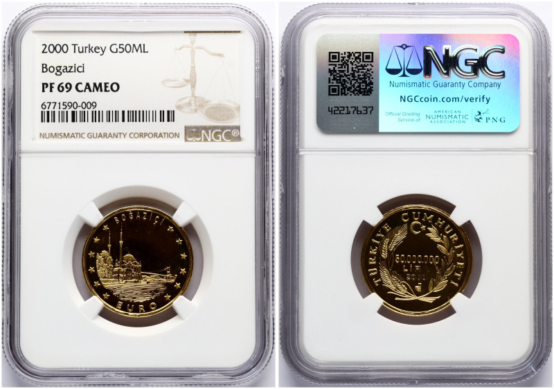 Turkey. 50000000 Lira 2000 Bogazici. Gold .999, 8 g. KM 1109a. NGC PF 69 Cameo. ...