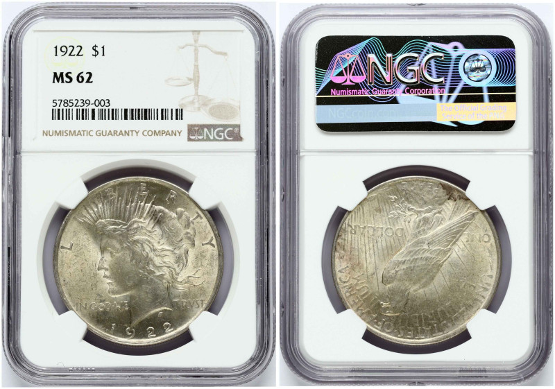 USA. Peace Dollar 1922, Philadelphia. Silver. KM 150. NGC MS 62