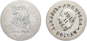 Anguilla "Provisional Government" 1967 Mo 1 Liberty Dollar (Fantasy items, Countermark on Mexico 5 Pesos, 1951-54) Silver (.720) Casa de Moneda de Méx...