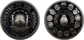 Argentina Federal Republic 1991 1000 Australes (Encounter of Two Worlds) Silver (.925) Santiago Mint (5000) 27g PF KM 106 CJ 371 Schön 106