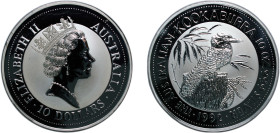 Australia Commonwealth 1992 10 Dollars - Elizabeth II (3rd Portrait - Kookaburra - Silver - High Relief) Silver (.999) Perth Mint (2500) 311.07g PF KM...