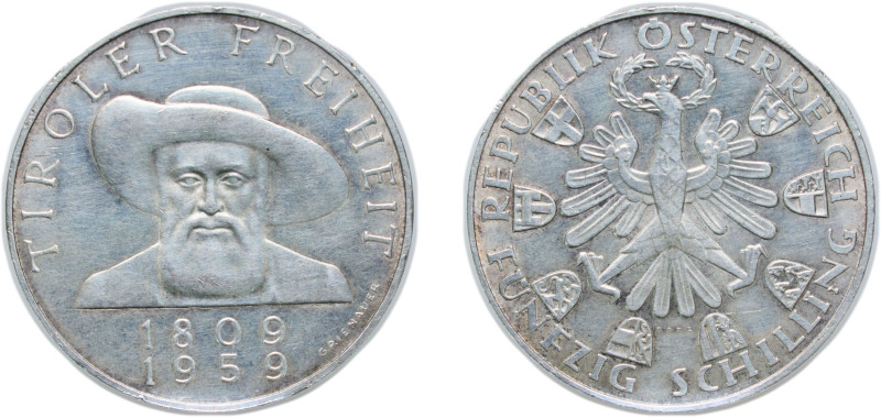 Austria Second Republic 1959 50 Schilling (Tiroler Freiheit) Silver (.900) Vienn...