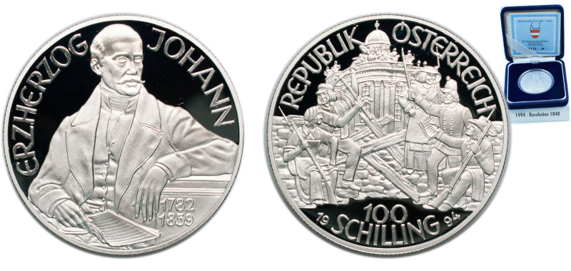 Austria Second Republic 1994 100 Schilling (Erzherzog Johann) Silver (.900) Vien...