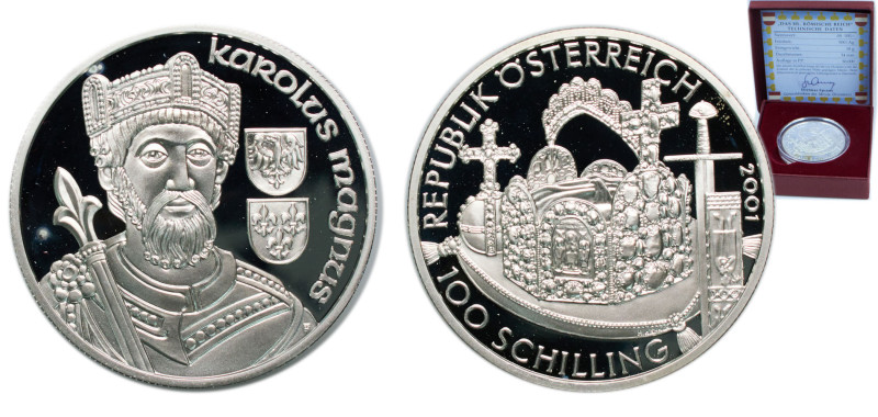 Austria Second Republic 2001 100 Schilling (Holy Empire) Silver (.900) Vienna Mi...