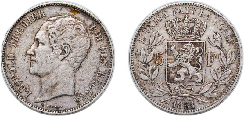 Belgium Kingdom 1851 5 Francs - Léopold I Silver (.900) Brussels Mint (3707922) ...