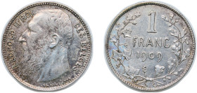 Belgium Kingdom 1909 1 Franc - Léopold II (French text) Silver (.835) Brussels Mint (2250000) 5g XF KM 56 LA BFM-89 Schön 21