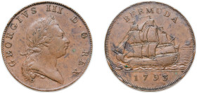 Bermuda British colony 1793 1 Penny - George III Copper Soho Mint 12.96g XF KM 5 Pr 5