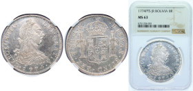 Bolivia Spanish colony 1774 PTS JR 8 Reales - Charles III Silver (.903) Potosi Mint 27.067g NGC MS 63 KM 55
