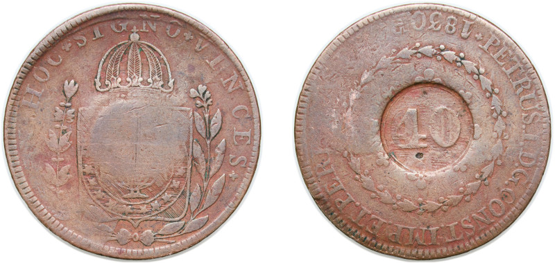 Brazil Empire 1830 B 40 Réis - Pedro I (Countermarked 80 Réis) Copper Bahia Mint...