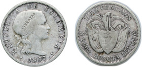 Colombia Republic 1897 10 Centavos Silver (.666) Brussels Mint (2642000) 2.43g VF KM 188 Hernández 401
