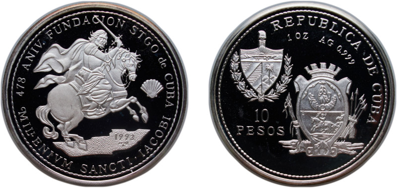 Cuba Second Republic 1993 10 Peso (St. Jacobi) Silver (.999) (5000) 30.84g PF KM...