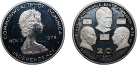 Dominica Republic ND (1979) CHI 20 Dollars - Elizabeth II (Israel and Egypt Peace Treaty) Silver (.925) Valcambi SA Mint (200) 40.91g PF KM 17
