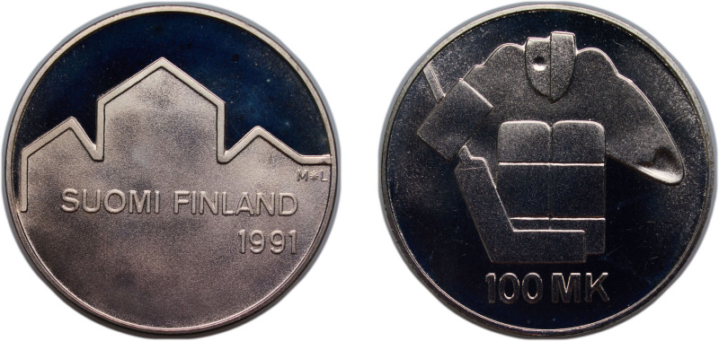 Finland Republic 1991 L 100 Markkaa (World Ice Hockey Championships) Silver (.83...