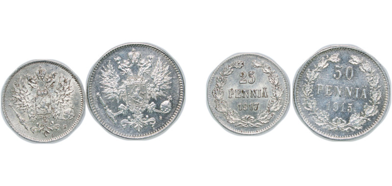 Finland Grand duchy 1915-1917 S Pennia (2 Lots) Silver Helsinki Mint AU