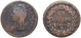 France First Republic AN 8 (1799) I 1 Décime (2 Décime Overstrike) Copper Limoges Mint (5229) 20g VF KM 645.6