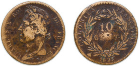 France French colonies French West Indies colony 1827 H 10 Centimes - Charles X Bronze La Rochelle Mint (300000) 19.18g VF KM 11.2