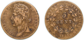 France French colonies French West Indies colony 1827 H 5 Centimes - Charles X Bronze La Rochelle Mint (600000) 10.37g VF KM 10.2
