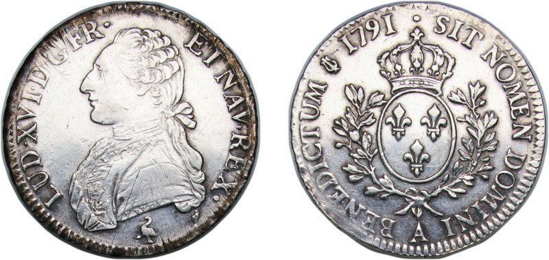France Kingdom 1791 A 1 Écu - Louis XVI Silver (.917) Paris Mint (1756000) 29.3g...