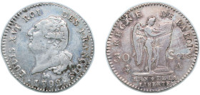 France Kingdom 1792 A 30 Sols - Louis XVI (FRANÇOIS) Silver (.666) Paris Mint 10.02g VF Dy royales 1720 Gad 39 KM 606 Ciani 2241